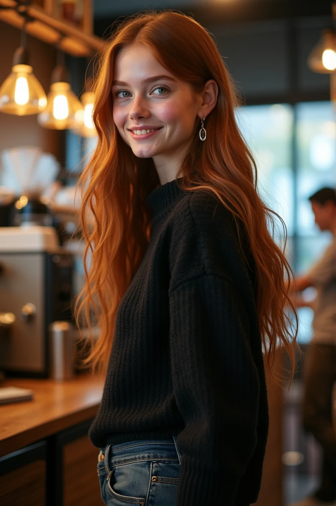 1girl, far from camera, (24mm wide angle lens:1.5), (medium cowboy shot), (side view:0.75), (young Penelope Cruz:young Rose Byrne:0.d 18, (candid), (casual), fun, excited, happy, (cute), joy, soft lighting, backlit, younger, (extremely tall teenager aged 18:1.25), (extremely long torso:1.25), (extremely long neck:1.25), (skinny), (arafed), (slim), symmetric eyes, (large head:1.2), coffee shop, trendy, latte, busy, barista, diverse people, symmetric breasts, dark long-sleeved heavy knit sweater, plain long floor-length cotton pencil skirt, (long full auburn hair), (huge colossal gigantic sagging breasts), (big flowing extremely long wavy hair:1.25), bangs, making coffee, coffee machine, (dimples:1.25), freckles, symmetric hoop earrings