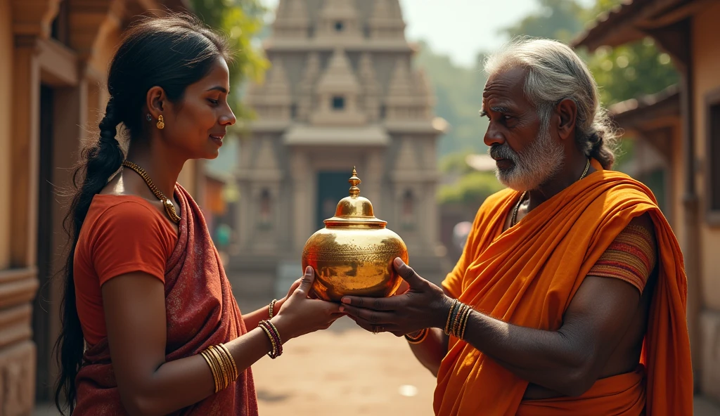 a poor indian couple is giving gold filled pot donating to temple