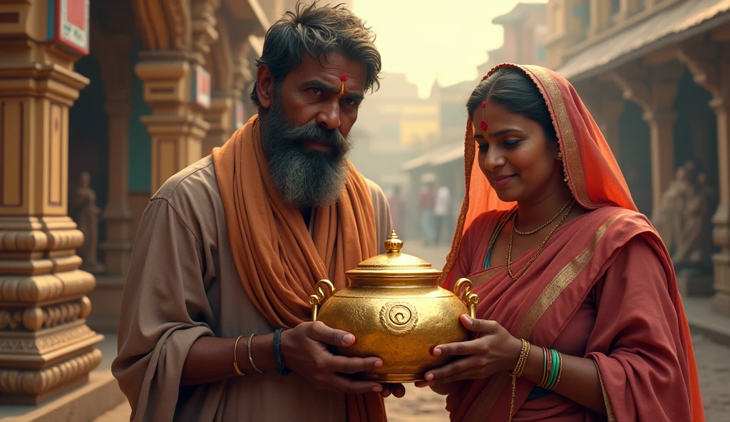 a poor indian couple is giving gold filled pot donating to temple