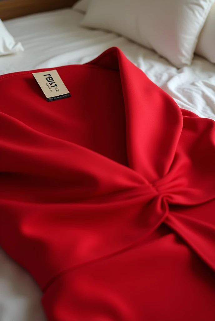 Make a picture for me, This image is a photo that appears to be taken by a normal camera and out of focus., be a simple image, that no part of the image is blurred and it is a photo taken from a bed and on top of that bed there is a red Fendi dress, very beautiful and beautiful with tag never been used. Remember to keep the image in focus without blurring any part of the image, it has to be 100% sharp as if it had been taken without any effect on the camera. Remember to label it as if it had never been used., dress brand: Fendi.