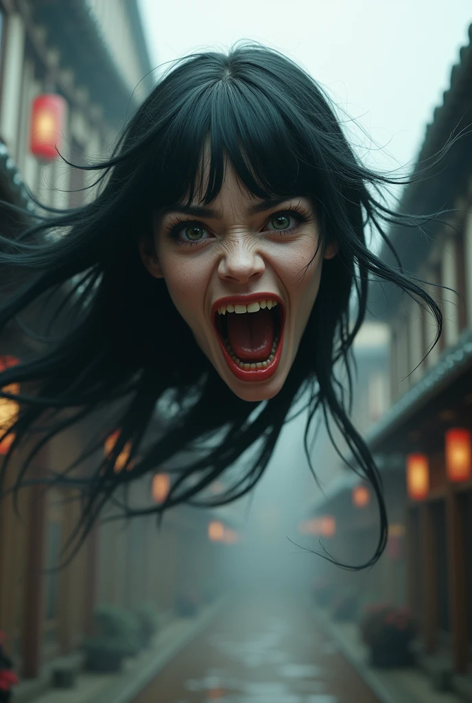 Japanese Yokai、Horror images、A woman&#39;s head flying in the air、Long black hair、With bangs、have an angry face with teeth bared、A head flying through the air and attacking people、Beautiful face、Japanese women、