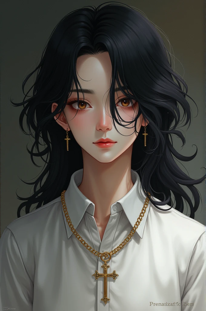 Boy with long black hair in white shirt with cross chain