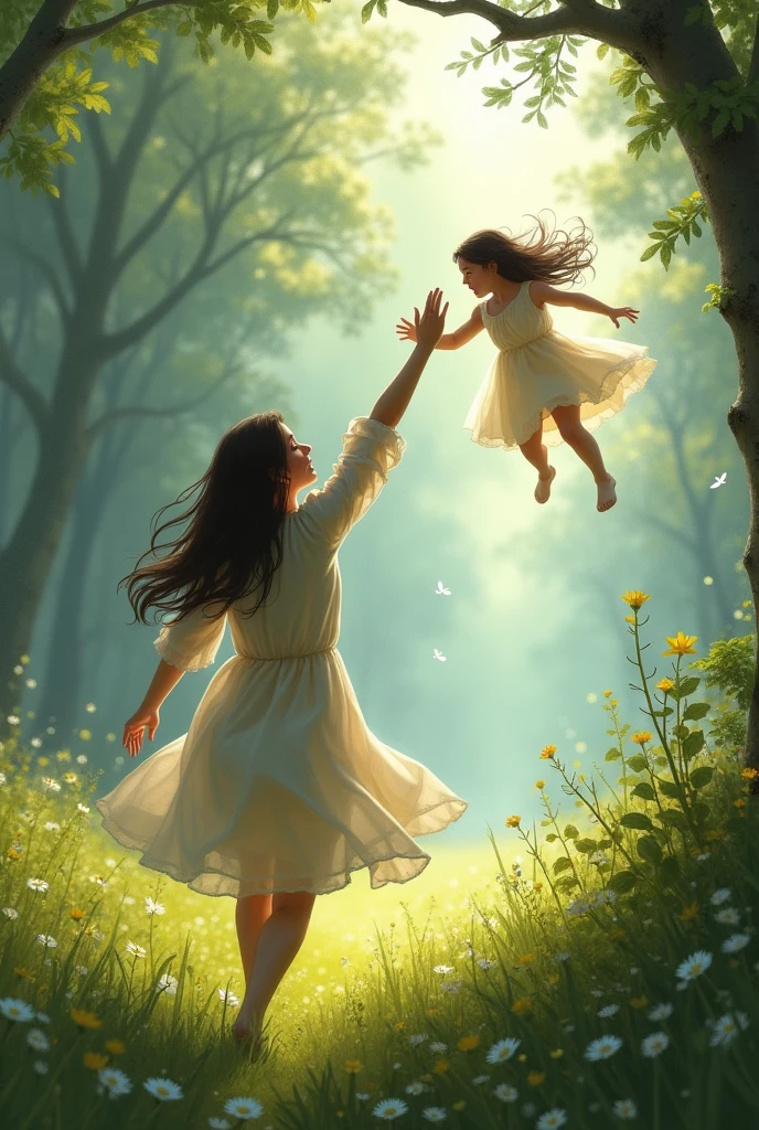 Mother running to catch her daughter who flew away 