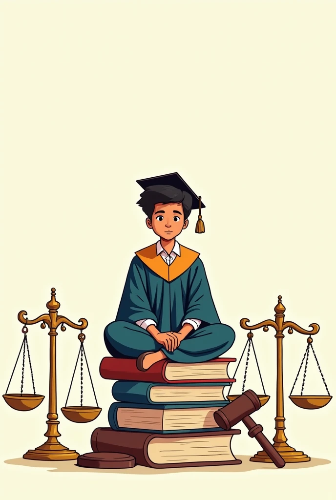 A man wearing her full of graduation gown and sitting on large 2 books Takes up the half of the design area, next to her are the big scales of justice and the hammer, a large two-dimensional drawing.cartoon drawing more details