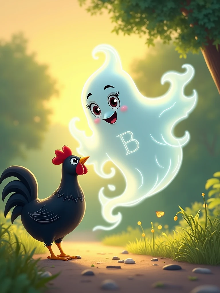 white ghost with the letter B on its chest calling a black chicken, Disney style