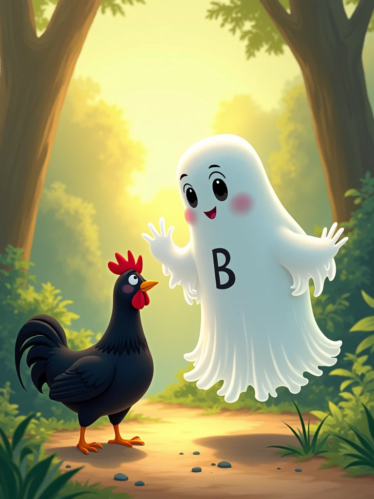 white ghost with the letter B on its chest calling a black chicken, Disney style