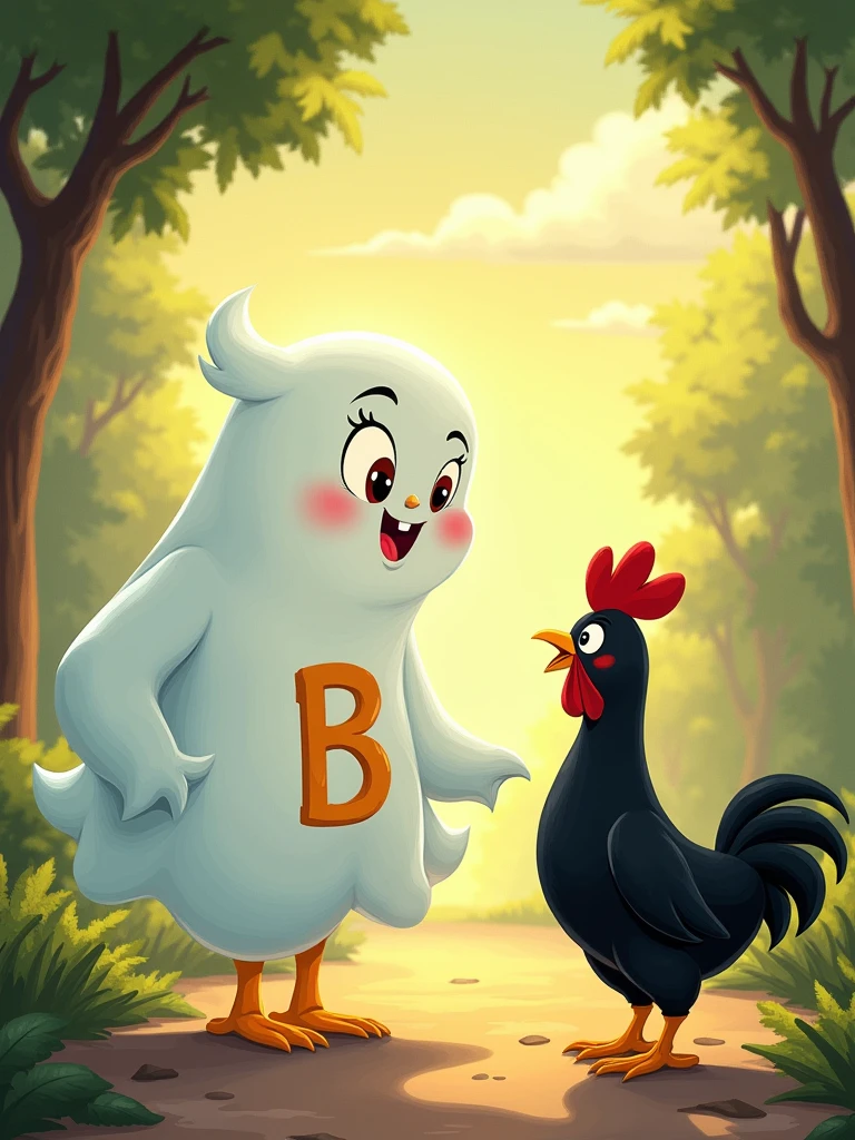 white ghost with the letter B on its chest calling a black chicken, Disney style