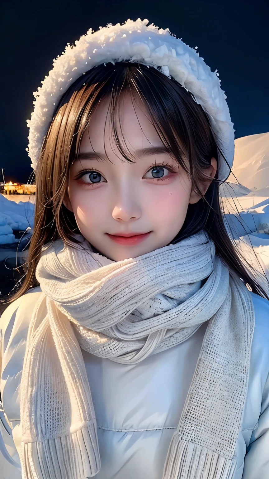 (Highest quality: 1.5), (masterpiece: 1.2), (Realistic: 1), 4K, (RAW Photos: 1.1), 1 person, Baby Face, 20-year-old, Looking at the audience, Black Hair, Icelandic, snow, ice, cold, Eskimo, Portraiture, winter, gloves, scarf, close your eyes, smile, cute, Upper Body, snow piled up, Wide Shot,