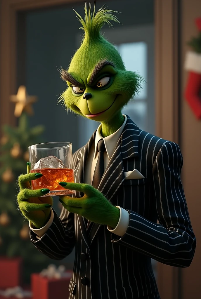 A grinch dressed in a black and white striped suit with a glass of whiskey in his hands