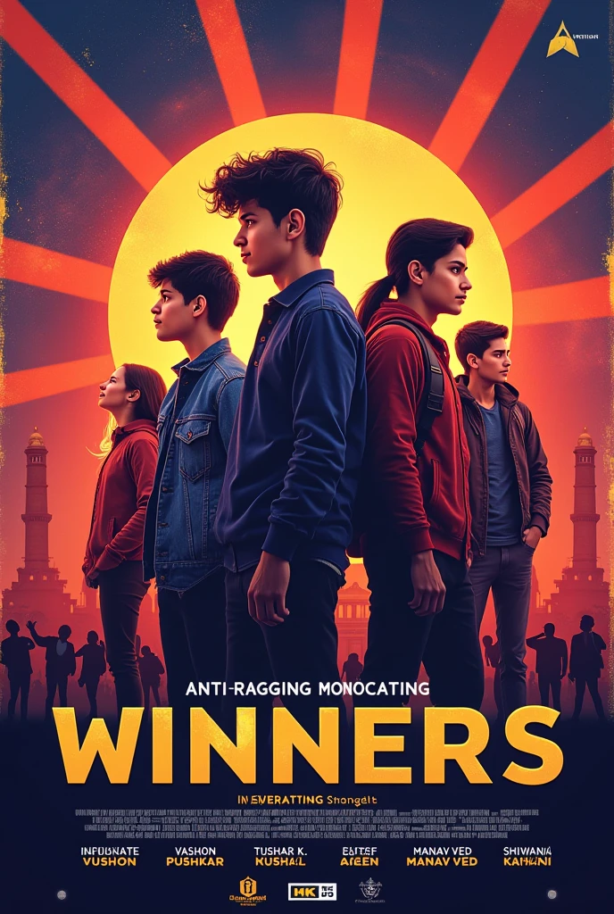 Create a poster announcing result of Monoacting competition.. the theme for which was "Anti-ragging"
The winners are
1st place Vashon/ Pushkar
2nd place Tushar k/kaushal
3rd place manav/ ved /shivani
Let the font be in english