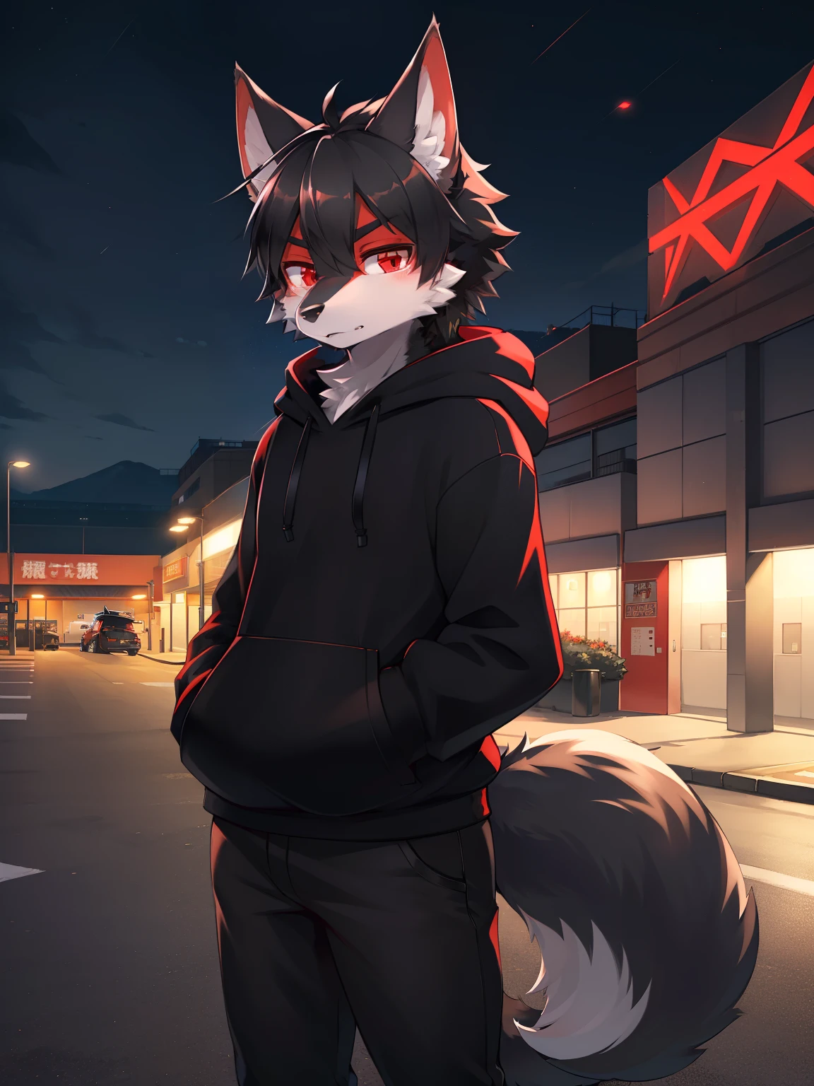 ((Solo, kemono, wolf, male, black hair, red eyes, wear black hoodie, wear black pants, wolf tail, 2 tails)), look at viewers, standing in parking lot, (parking lot background, night time), high detail, face focus, head focus