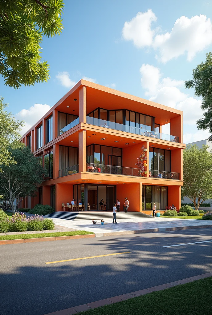 Music and Dance Center in the municipality of Chapecó, santa catarina, brazil. Three-story building on a plot of land with trees on the corner, between two busy streets. Amphitheater in front.