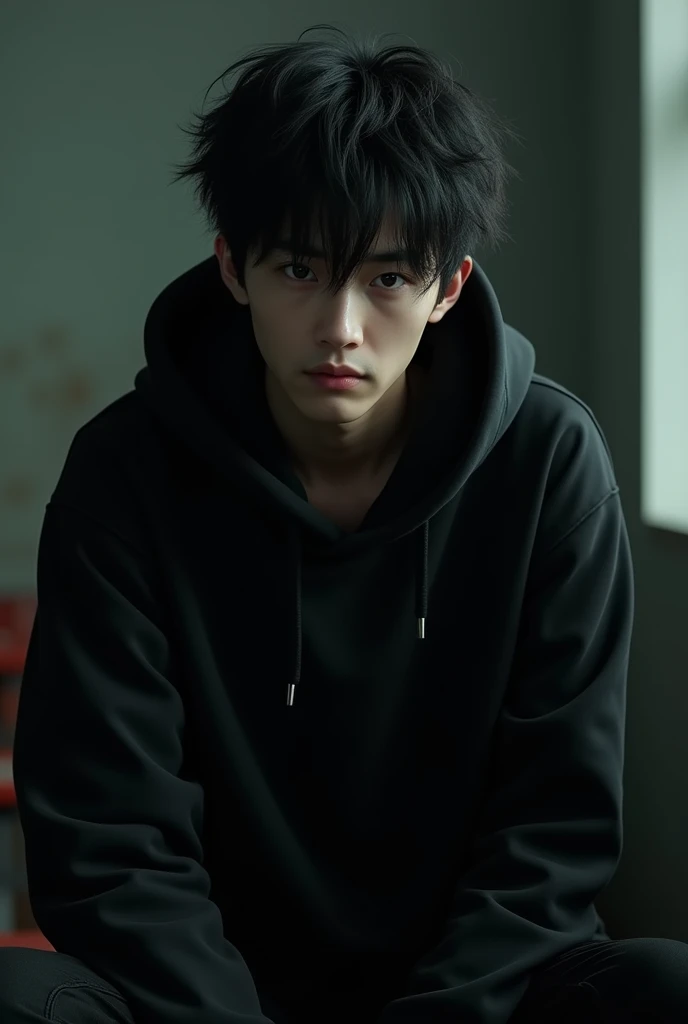 (photorealism:1.2), handsome asian guy, thin almond shaped eyes, wearing a black hoodie and black long pants, sitting at the back of the class, staring at viewer while leaning against the door, black messy-middle-length hair (his hairs almost covering his eyes), wolf cut hairstyle, yandere vibe,in the dark room, realistic photo, close up