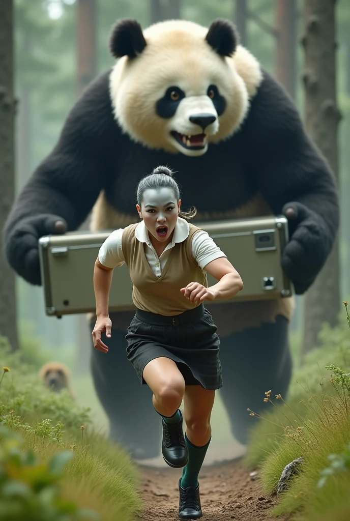 ((Highest quality)), ((Pigeon-headed woman)), (Running Angry Giant Panda), (Giant panda holding a refrigerator in both hands), Giant panda holding a refrigerator in both handsが後ろから追いかけてくる, A woman with a grey pigeon head is running as fast as she can to escape a giant panda, A grey pigeon-headed woman is wearing an off-white collared short-sleeved shirt, a light brown vest, a knee-length black skirt, dark green socks and black shoes., Muscular grey pigeon-headed woman, The background is a grassy forest, Photorealistic images,