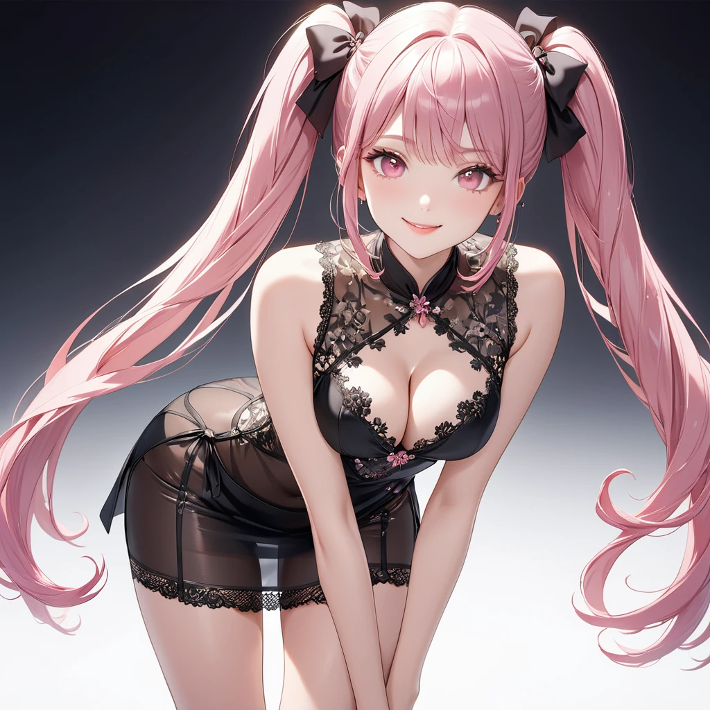 (8K, masutepiece, Best Quality, Official art, beautiful lighting, The best masterpiece in history that exceeds limits, beautiful detailed), (1 Girl, Solo), (sixteen years old), (beautiful detailed face), (shiny white skin), (Beautiful big bust, cleavage, thighs:1.3), (beautiful detailed pink twin tails hair, Bangs:1.3), (beautiful detailed drooping pink eyes:1.5), (black china dress costume, short length tight slit skirt, black see through lace:1.3), (happy smile:1.2), (Attractive, sensational, Look at the camera, cute pose), (simple plain white background:1.5),