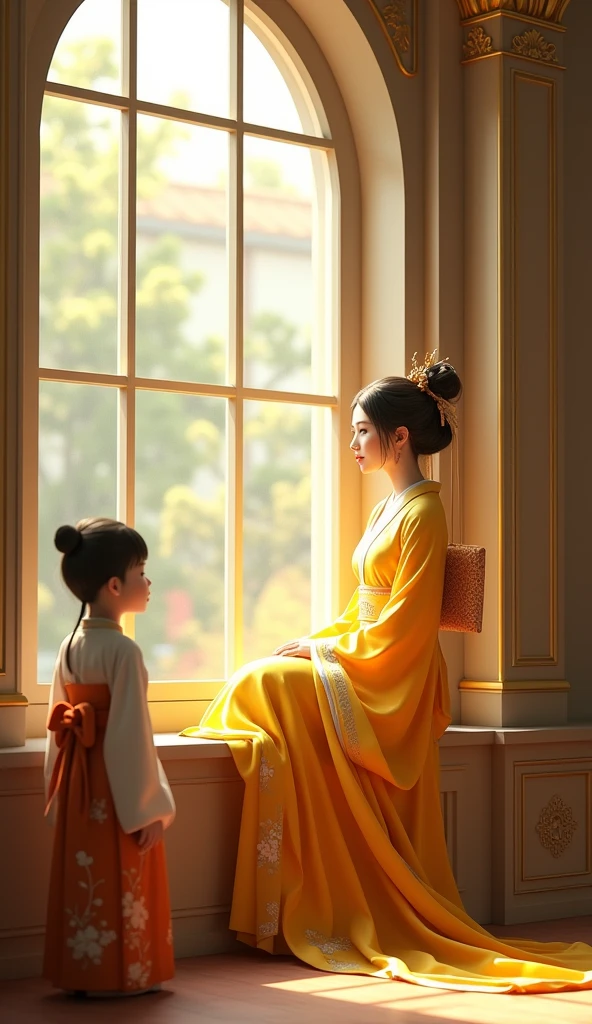Araffe woman in yellow kimono sitting on windowsill, palace ， Girl wearing Hanfu, Realistic anime 3D style, guweiz style artwork, Beautiful character painting, 3D animation realistic, Popular on cgstation, Anime style 3d, Wearing ancient Chinese clothes, Chinese Girl, Artgerm 和 Atey Ghailan