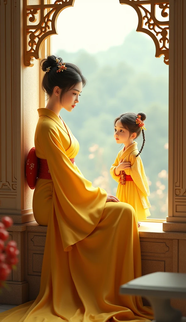 Araffe woman in yellow kimono sitting on windowsill, palace , Girl wearing Hanfu, Realistic anime 3D style, guweiz style artwork, Beautiful character painting, 3D animation realistic, Popular on cgstation, Anime style 3d, Wearing ancient Chinese clothes, Chinese Girl, Artgerm 和 Atey Ghailan