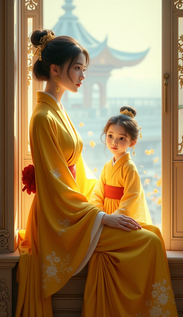 Araffe woman in yellow kimono sitting on windowsill, palace ， Girl wearing Hanfu, Realistic anime 3D style, guweiz style artwork, Beautiful character painting, 3D animation realistic, Popular on cgstation, Anime style 3d, Wearing ancient Chinese clothes, Chinese Girl, Artgerm 和 Atey Ghailan
