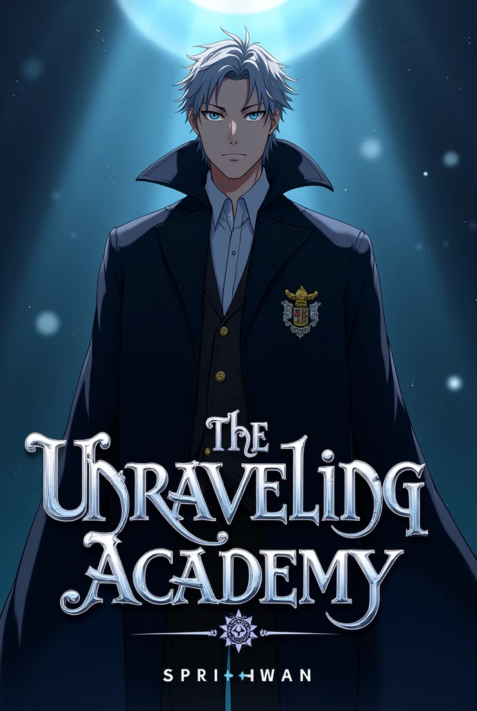 For the cover, I would present Professor Ludger as the solitary character. His rugged features and piercing eyes, often deep in thought, would convey the story’s themes of intellectual curiosity and the pursuit of knowledge. Against a rich, dark blue backdrop that evokes the mystery of dusk, Ludger would be centered, his imposing figure leaning slightly forward, as if sharing a secret with the viewer. His black robe, emblazoned with the Ceoren Academy insignia, would billow behind him, adding to his aura of authority and mystique. The title font, “The Unraveling Academy,” would be a bold, silver Gothic script, with the words “The” and “Academy” slightly larger than the title itself. This layout creates a sense of balance by emphasizing the central focus of the narrative. The author’s name would be presented in a smaller, yet elegant, sans serif font below the title, adding a touch of modernity amidst the overall classical aesthetic. As a whole, the cover art would effectively capture the essence of the story—a compelling blend of tradition and innovation, illuminated by the burning desire for understanding that drives its protagonist, Professor Ludger, and the eclectic group of students he mentors. Make it anime style 
