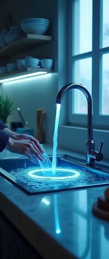 I'm washing dishes, in the kitchen sink, water falls into the sink through a small portal in place of the tap, round portal in blue color, super technological tap without pipes,