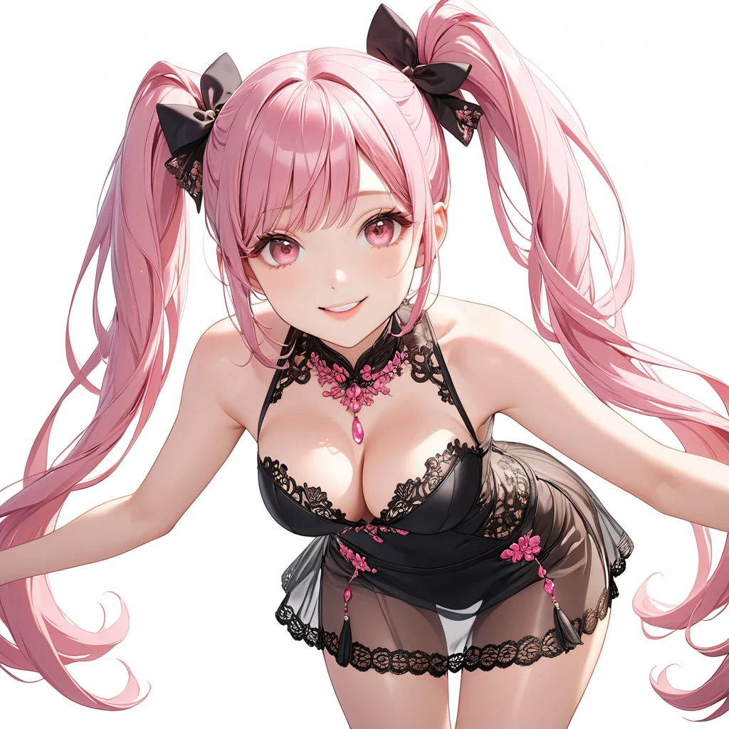 (8K, masutepiece, Best Quality, Official art, beautiful lighting, The best masterpiece in history that exceeds limits, beautiful detailed), (1 Girl, Solo), (sixteen years old), (beautiful detailed face), (shiny white skin), (Beautiful big bust, cleavage, thighs:1.3), (beautiful detailed pink twin tails hair, Bangs:1.3), (beautiful detailed drooping pink eyes:1.5), (black china dress costume, short length tight slit skirt, black see through lace:1.3), (happy smile:1.2), (Attractive, sensational, Look at the camera, cute pose), (simple plain white background:1.5),