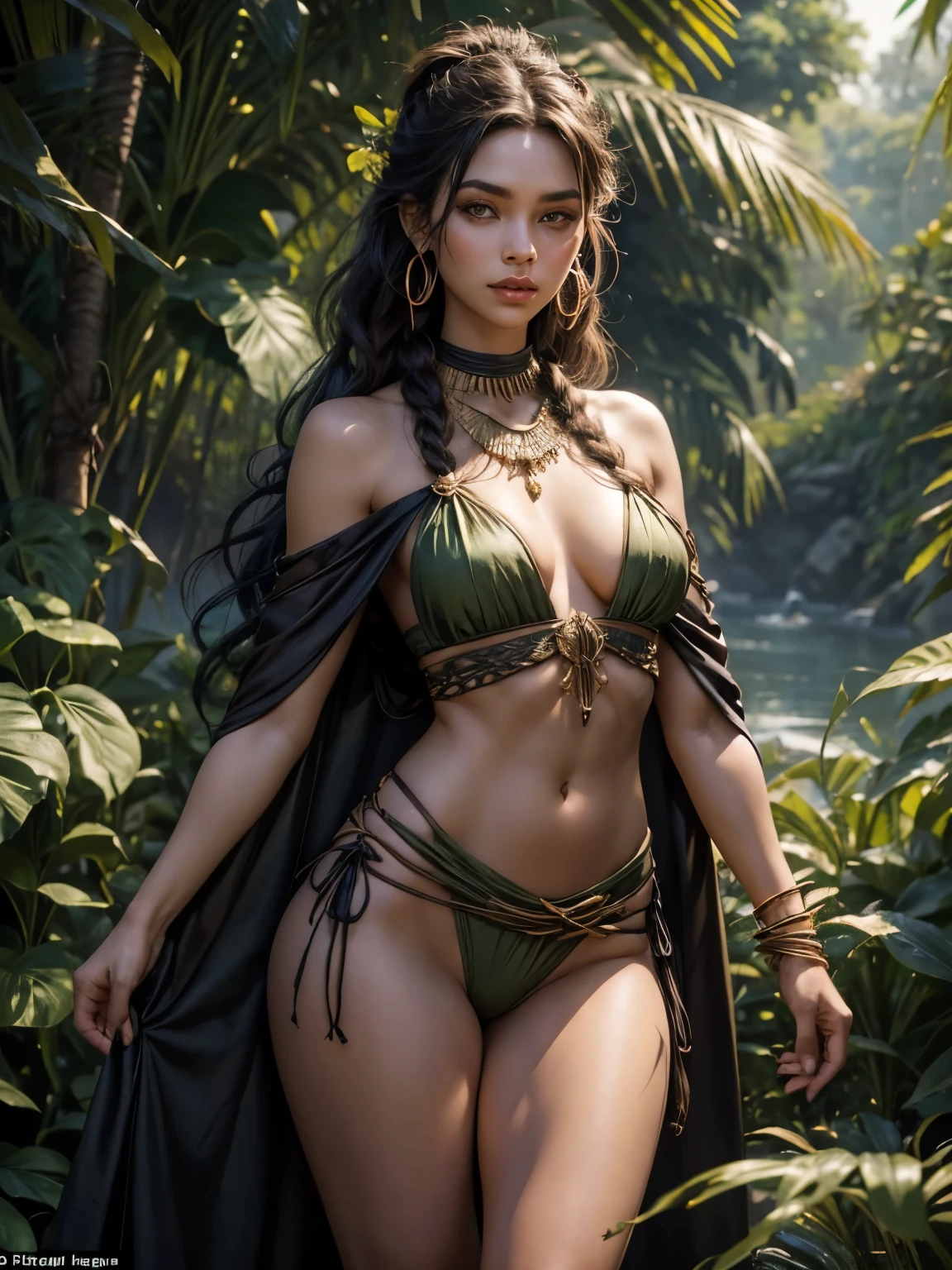 Style: "Prehistoric fantasy setting with a focus on authentic primitive clothing and accessories, reflecting the materials and craftsmanship of early human cultures."
Isanna is a beautiful prehistoric woman of the Negroid race.
Face: Oval face with high cheekbones. The eyes are large, dark brown with a slight golden tint, the nose is wide with a soft tip, full lips are dark burgundy. The hair is very curly, black, long, braided in numerous thin pigtails. The skin is dark brown, with a copper tint.
Body: High, with expressive rounded forms. Well-developed muscles, especially in the legs and arms. Large breasts, flat stomach, wide hips. The legs are long and strong.
Tattoo: Primitive design in the form of zigzag lines, covering the left arm from the shoulder to the wrist. A small sun on the forehead above the eyebrows.
(River Amazon)
Clothing:
Material: Leaves and vines, natural green colors, slightly worn.
Bandage on the thighs: Made of thick vines and leaves, dark green, to the middle of the thighs.
Cape: Light, made of leaves, decorated with flowers, falls on the shoulders.
Necklace: Made of large stones and shells, hanging from strings of vines.
