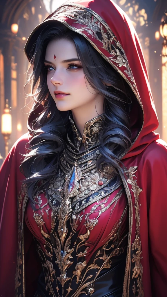 a beautiful detailed young woman, 1girls, detailed face, long colorful hair with black roots and red tips, wearing a red shirt with silver patterns, a witch's cape with a hood, black leather pants, expressive detailed eyes, collar, jewelry, smiling, (best quality,4k,8k,highres,masterpiece:1.2),ultra-detailed,(realistic,photorealistic,photo-realistic:1.37),digital art,concept art,highly detailed,intricate details,cinematic lighting,dramatic lighting,vibrant colors,vibrant color palette,fantasy,magical