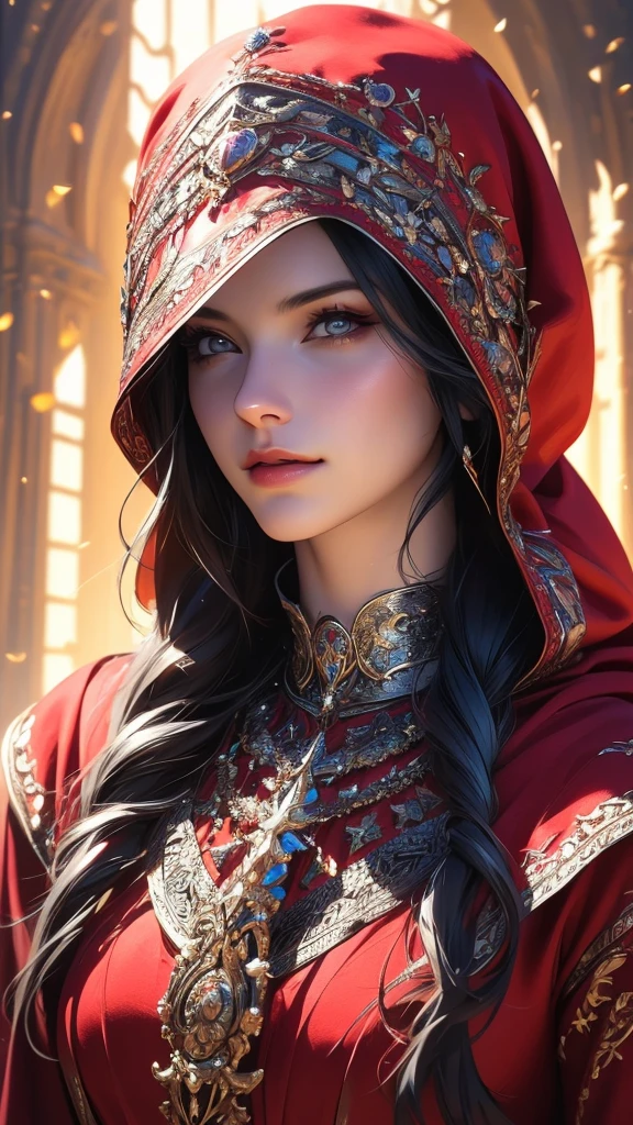 a beautiful detailed young woman, 1girls, detailed face, long colorful hair with black roots and red tips, wearing a red shirt with silver patterns, a witch's cape with a hood, black leather pants, expressive detailed eyes, collar, jewelry, smiling, (best quality,4k,8k,highres,masterpiece:1.2),ultra-detailed,(realistic,photorealistic,photo-realistic:1.37),digital art,concept art,highly detailed,intricate details,cinematic lighting,dramatic lighting,vibrant colors,vibrant color palette,fantasy,magical