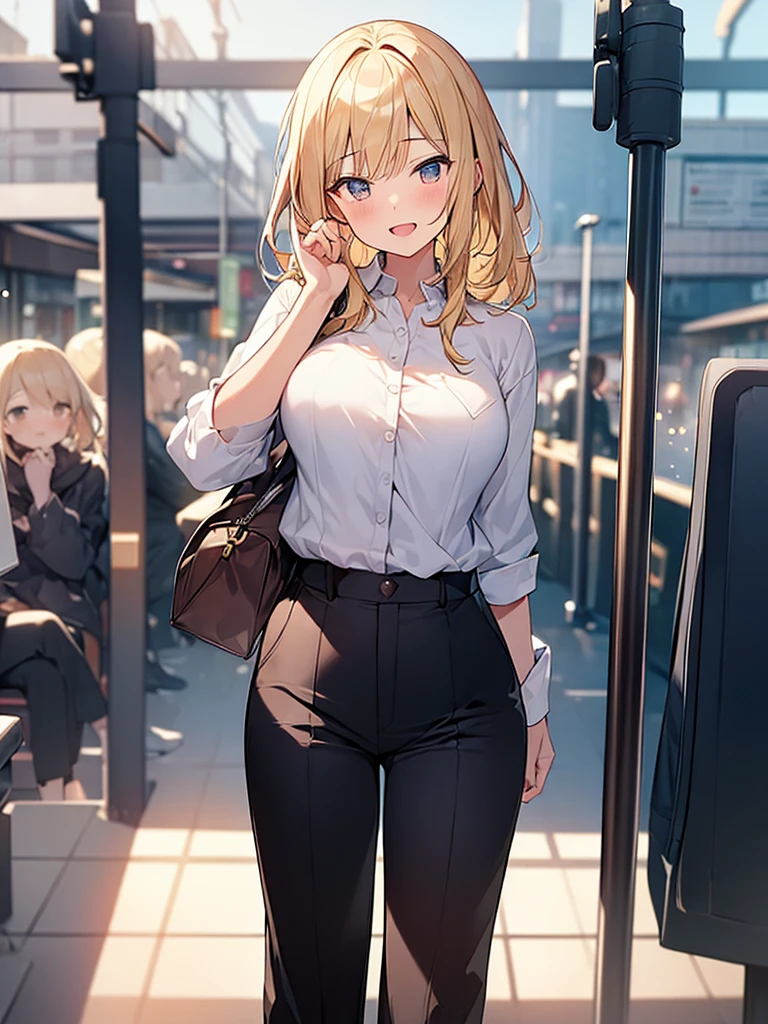 (Masterpiece, Top quality:1.5), full body, (1 beautiful girl, solo:1.2), (short height:1.2), (Cotton Slacks:1.3), Blonde hair:1.1, medium Hair, wavy Hair, asymmetry bangs, swept bangs, airy hair, large breasts:1.2, smile:1.3, blush, beautiful scene of station platform, magnificent panorama view, blurry background, open mouth, dynamic pose, dynamic angle