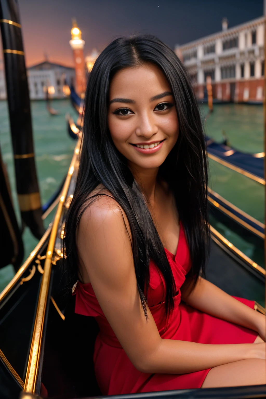 photo of female, in RAW UHD format (Brown-eyed woman) (long black hair:1.1) Details (textures! , , imperfections: 1.1), DSLR Lighting, SLR camera, Ultra-Quality, sharpness, Crystal clear, sharp-focus, sharp background,  night time, detailed skin pores, oilly skin, suntan, sharp, focused. razor-sharp, composition, shadow, perfect proportions, detailed face, ((smiling)), (beautiful face),  (distance:1.5), ((gold jewelry)), (sitting in one gondola at sea in Venice at night:1.4), (red dress:1.3), (black hair:1.3) (dark night:1.3)