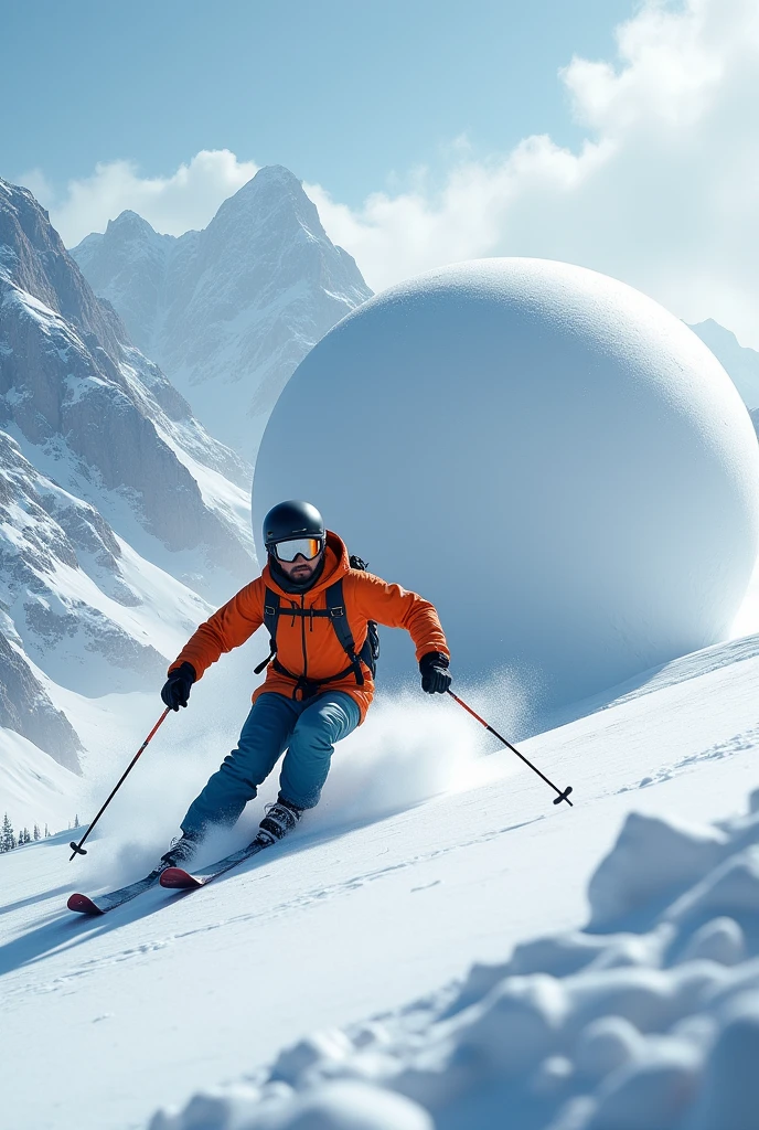 Large snow balls Toofan is back side of man, it's ready to jump on a man and a 30 years Indian young man is ski down with poles on the snow hills of mountain, he wears helmet, black glasses. he wears orange jacket, blue pant, shoes.
