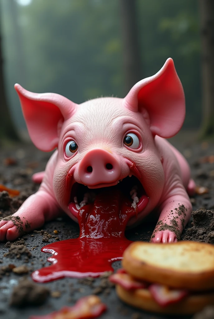 A pink rubber pig with intestines, stabbed with a knife. Vomit is flowing from the mouth. He is lying in the mud. He is crying, next to him is a sandwich with bacon and hooves