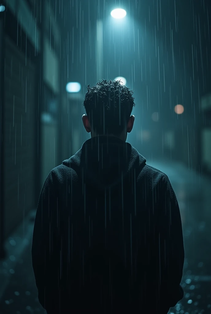 Create an image a man stands in rever side in mid night in rain with blurry face