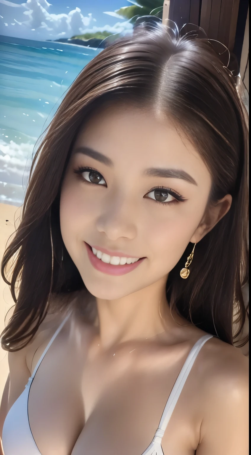 ((Highest quality, 8k, masterpiece :1.3)), One Girl,Looking into the camera,A very loving smile,Beautiful woman, Big Breasts:1.3,White micro bikini swimsuit,Highly detailed face, fine grain, double eyelid, Blur the background, outside, street, sunny, Ocean, nature,Hawaiian sand beach, Maximum resolution: 1.4, Cinematic Light, Detailed eyesと肌, Detailed facial features, 8k resolution, Perfect Style, Beautiful expression、Highly detailed faceと肌の質感、Detailed eyes、double eyelid、Glitter Eyeliner:1.2,Pure white skin:1.5,Glossy Lips:1.2、((Full Body Shot:1.2)),Dynamic pose,Straight Hairstyles、Dark brown hair,One-length long hair,175cm,Smooth abdomen