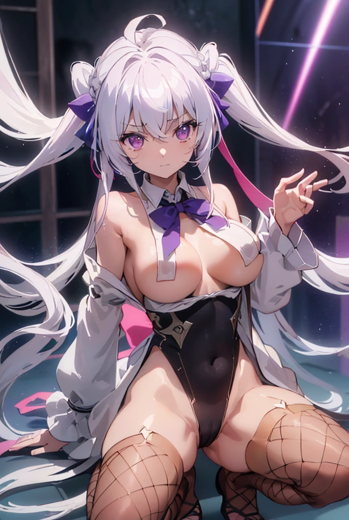 ((masterpiece)), ((Best quality)), (high resolution), (illustration), (an extremely delicate and beautiful), (ultra detailed beautiful face and eyes), nsfw,   1girl, leaning forward,  YukineChris, long hair, purple eyes, twintails, low twintails, ahoge, large breasts,  fishnet pantyhose, red a bow tie,  volumetric lightning, detailed skin texture, detailed, volumetric shadow, anime screencap,Highest quality, Sorceress, ancient lonian nobility, ((tan skin:1.2)), (brown skin color),Long hair, twin braids, hair ornament, wine colored hair, smile, Below average size breasts, bare shoulders, (underboob:0Nudes、Your clothes are torn、Are sleeping、Spread legs 8K, masterpiece, Best_quality, high_resolution, ultra_details, detailed, 1girl, 独奏, long_hair, looking_at_viewer, upper_body, indoors, braid, blurry, bangs, shirt, white_hair, blurry_background, collared_shirt, closed_mouth, church, hair_ribbon, hair_between_eyes, stained_Glass, Blue_ribbon, sidelocks, depth_of_field, light_particles, window, french_braid, Alphonse Mucha Style, sharp focus, perfect hands, perfect face, perfect eyes, perfect light, dynamic light, natural light, Masterpiece, Best quality, 