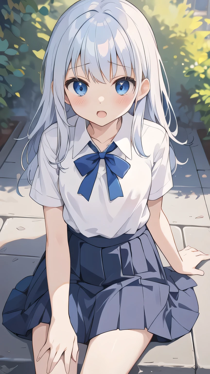 cute girl, anime, silver hair, straight hair, Blue eyes, outdoor, cowboy shot, (orgasm:1.1), (young:1.4), dark blue skirt, white camisole, small bust, school uniform, (sheer bra:0.8), (cute:1.1), blue hair ribbon, strongest wind, (ローアングル:1.2), sitting
