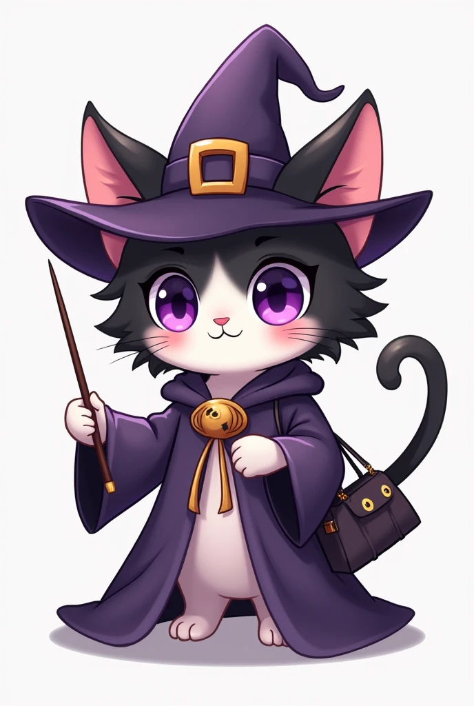 Amigurumi, chibi-style, humanoid cat, black-and-white , wearing a little witch's outfit with a purple robe and pointed hat. The cat has purple eyes, a tiny wand in its paw, and a cute bat-shaped bag slung over its shoulder