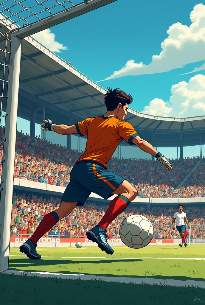 The ball is heading towards the goalkeeper&#39;s goal., The goalkeeper sees the ball coming at great speed, but confident that he will stop it with people in the stands getting up,  COMIC FORMAT ON A FUTSAL FIELD