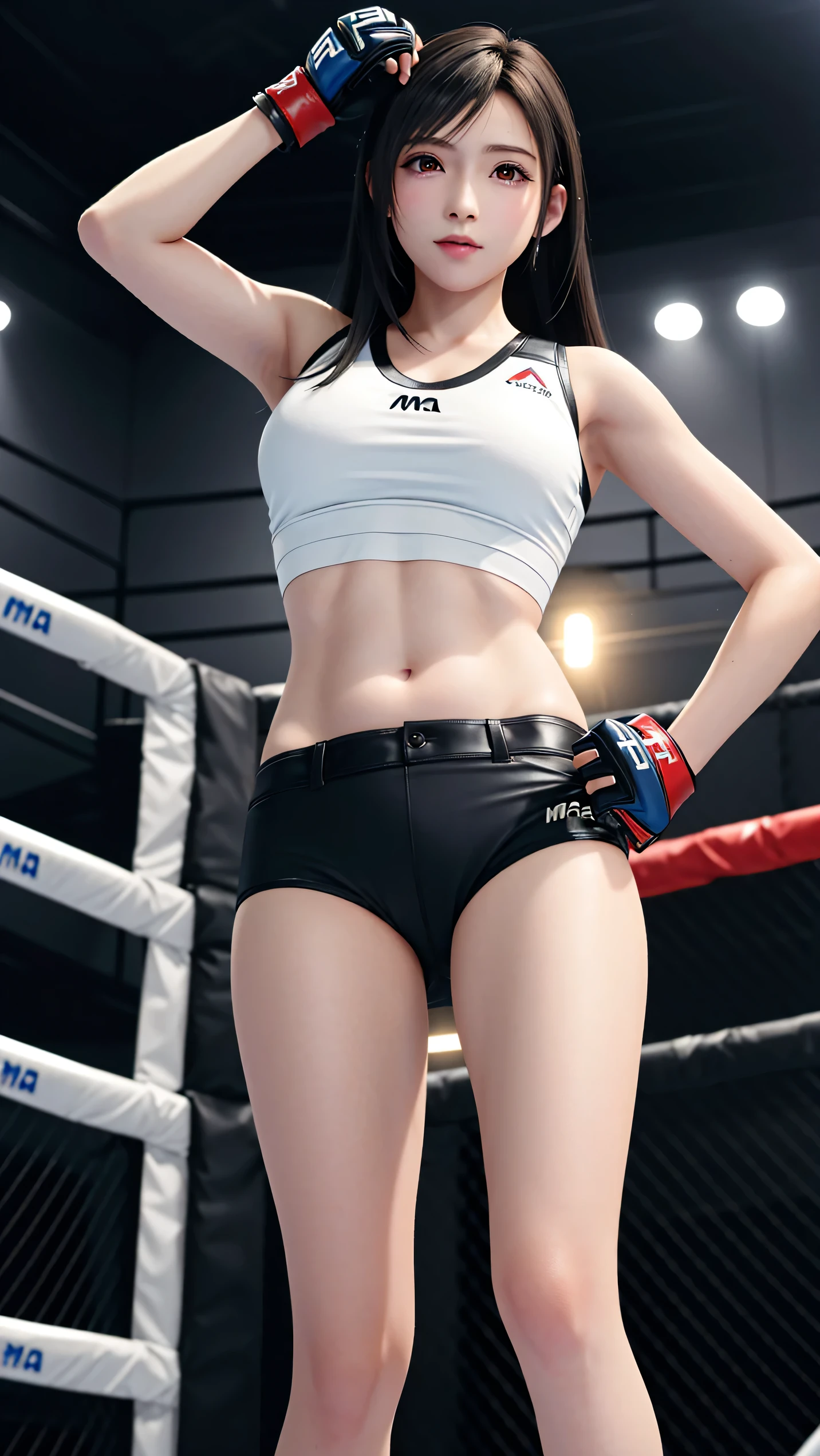 8k,masterpiece, Highest quality,big breast, (1 person:1.5), Tifa Lockhart, red_eye, Black Hair, Long Hair, Professional Lighting, (Glowing Skin: 1.2), shiny big, ((Highest quality)), Sharp focus: 1.2, Highly detailed face and skin texture, detailed eye, Perfect Face, Perfect body, CG, Big Breasts, before (Age 25, Mature, cool and beautiful face), (on MMA Arena :1.5), (wearing MMA uniform:1.5, white tops and black bottoms:1.3), thigh, belly button,glaring,(From Below:1.2),Look At View,Victor, Full body,