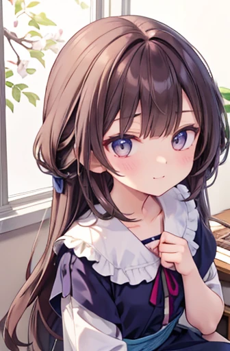 masterpiece、Highest quality、Highest quality、(((upon)))、 ((small))、20-year-old female、smile、Brown Hair, Hair quality and shine、顔がsmall、Sitting、Very detailed, beautiful, Big eyes、Very detailed, clear and beautiful faces、(Cute illustrations:1.2), High resolution, Very detailed, Highest quality,I'm embarrassed about my summer clothes.
