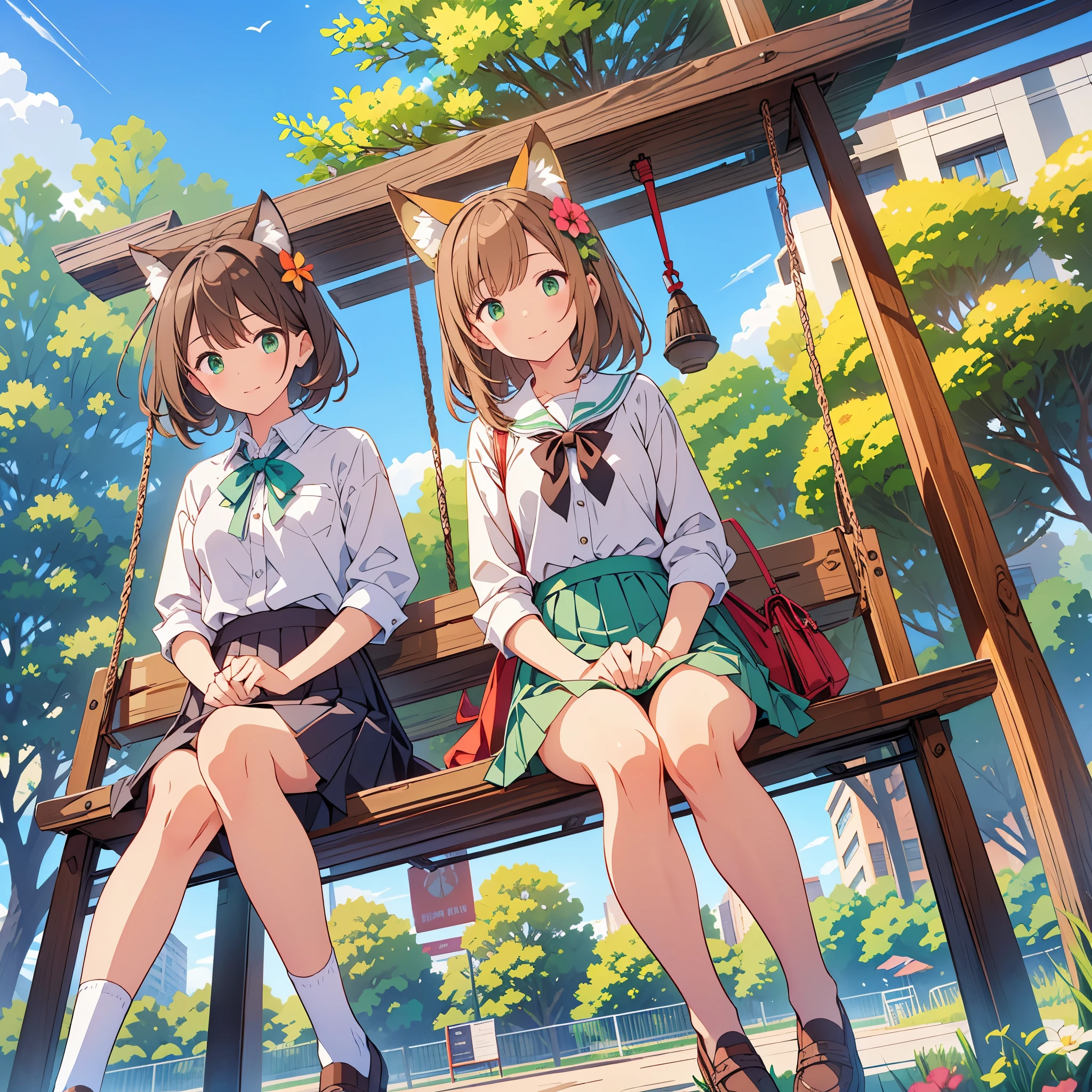 Two girls sitting on a swing with flowers in their hair Masterpiece, Highest quality, High resolution), 1 girl, alone, Oversized fox tail,Long brown hair,Green Eyes,Small flower head dress, ( Middle school students),Modern architecture,Mature Woman,at the park_Sitting on a swing,Afternoon after school,Summer School Uniforms,smile,Mid-distance face-to-face view,