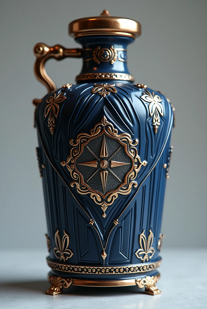 1. Surface Texture:Pattern: Utilize an ornate Art Deco-inspired pattern with geometric shapes and symmetrical lines, embossed into the matte navy blue surface. The pattern should have a subtle, raised texture with gold leaf accents that catch the light and add depth.Finish: Incorporate a glistening pearl finish in selective areas of the pattern to create a refined contrast with the matte background.2. Label Design:Artistry: The label should feature a highly detailed, embossed crest or coat of arms, reflecting the brand's heritage and luxury. The crest should be outlined in a metallic bronze or antique gold, with delicate filigree work around the edges.Text: Use a classic serif font for the product details, with the text embossed and highlighted with a subtle gradient to enhance legibility and elegance.3. Pour Spout and Cap:Spout: Design the spout with a sculpted, elegant curve, incorporating a filigree pattern that complements the container’s surface texture. The spout should be finished in a brushed copper with a smooth, retractable mechanism.Cap: Create a cap with a luxurious, hand-carved design that features intricate details reminiscent of vintage jewelry. The cap should be made from a high-quality, polished brass with an intricate, detailed pattern.4. Handle:Design: Design the handle with an artfully curved form, featuring a textured pattern that echoes the container’s surface design. The handle should be finished in polished bronze or chrome with a luxurious feel.5. Base and Feet:Design: Incorporate a decorative base with a pattern that mirrors the Art Deco theme, with finely detailed, raised elements. Use discreet, polished brass feet that elevate the container slightly, ensuring stability and a touch of elegance.6. Additional Features:Accent Lines: Apply thin, ornate accent lines in a complementary metallic shade to highlight the container’s contours and design elements, enhancing the overall visual appeal.