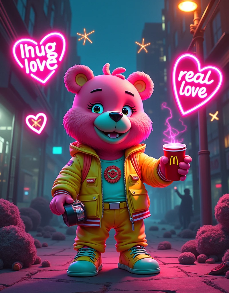 NFT Lo-Fi cool art in the style of beeple artist:: Newyork (::candy jelly green bear ::), another one hand holding a Mcdonalds red cup, and around is   :: photo included flash light symbolls :: of 1 toy full body with fashion grunge style toy bear,  blue neon glow, pink fur, toy bear holding a flash light neon in the hand, hug ( neon glow my  LOVE neon glow word :: ) with two eyes in a style in mood and happy  smiling with teeth smile wearing a :: yellow:: red hair and a slash yellow glow on the bear, background with X and O game made of hearts, Glowing stars is flying in the air, neon glow heart inside of the heart is the word ::  REAL LOVE ::  word, 90's fashion font graffiti words:: hug LOVE::, hyper detailed 35 mm shot