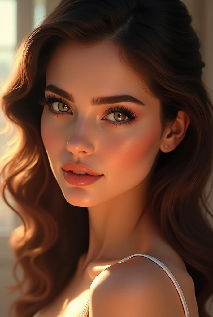 a detailed portrait of a brunette woman, extremely detailed eyes and face, long eyelashes, beautiful detailed lips, elegant hairstyle, warm lighting, soft focus, highly detailed, photorealistic, digital painting, vibrant colors, cinematic lighting
