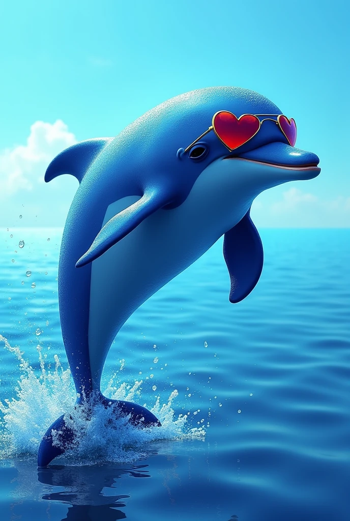 A dolphin with bright and vibrant shades of blue and heart glasses, but with a masculine touch