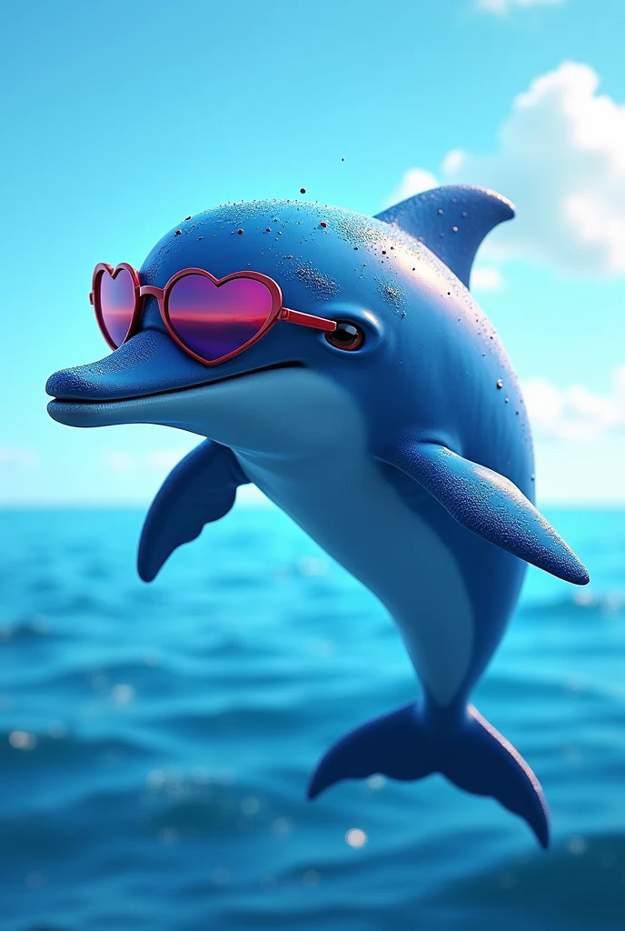 A dolphin with bright and vibrant shades of blue and heart glasses, but with a masculine touch
