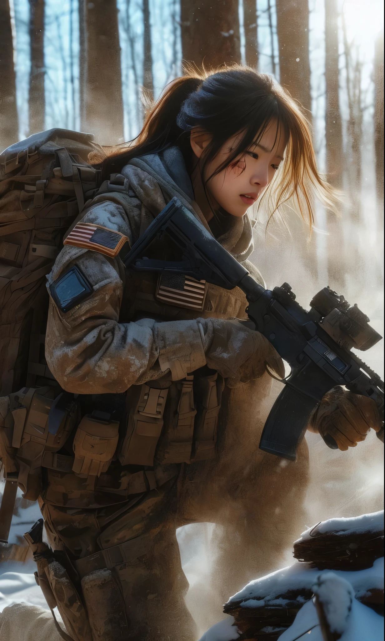 8K, realistic photo, realistic skin texture, Beautiful Japanese women in the US military、In the winter forest、explosion、Close call、
、They are shouting to evacuate immediately.、Automatic rifle、Bulletproof vest、Back Back、boots、Covered in scars、Grim expression、Dynamic pose、Innovative composition、Dust is flying、fiction、My breath is white from the cold、The sun shines through the trees