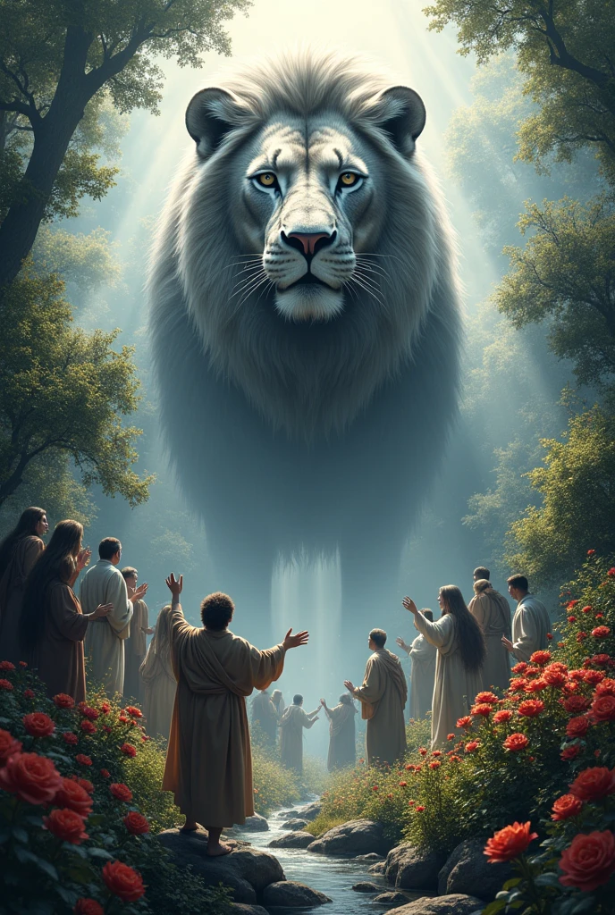 Black and White Lion**:
   - **Position**: Top center of the image.
   - **Appearance**: only the lion's head, looking straight ahead, in black and white to highlight the divine majesty.
   - **expression**: Serene and powerful, symbolizing the sovereignty and presence of God.

2. **Worshippers in the Garden**:
   - **Location**: Na parte inferior da imagem.
   - **context**: A lush and flowery garden, representing divine creation.
   - **people**: Placed throughout the garden. They are in poses of worship, with hands raised up, towards the lion.
   - **outfit**: Humble and modest clothing, representing the simplicity and devotion of the faithful.
   - **diversidade**: It is recommended to include people of different ages, genders and ethnicities to symbolize the universality of faith.

3. **flower garden**:
   - **elements**: Various colorful flowers, leafy trees, and possibly a small stream or pond to add a touch of serenity.
   - **colors**: Bright and varied tones for flowers, contrasting with the black and white lion, to show the beauty of God&#39;s creation.

4. **General Environment**:
   - **sky**: a clear blue sky, perhaps with some rays of sunlight illuminating the garden and highlighting the purity of the moment of worship.
   - **Lighting**: Soft light that seems to emanate from the lion&#39;s face, creating a heavenly and divine mood.

5. **texto**:
   - You can include an inspirational quote or Bible verse., SOM: "Worship the Lord in the beauty of holiness" (Salmo 96:9).

