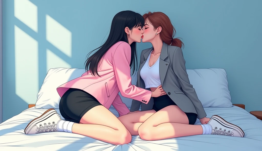 Two girls, long black hairs, yuri, lesbian
The first girl wear a pink suit jacket, white shirt, black pencil skirt, black underpants, white socks, white sneakers high top.
The second girl wore a grey suit jacket, white shirt, black pencil skirt, black underpants, white socks, white sneakers high top.
french kiss, lesbian kiss, hugging kiss, sensual body, straddle, lying on the bed, insert one hand into black pencil skirt and touch to black underpants, insert finger into pussy, closed eyes, light blue bedroom, novel cartoon, 4K, HD