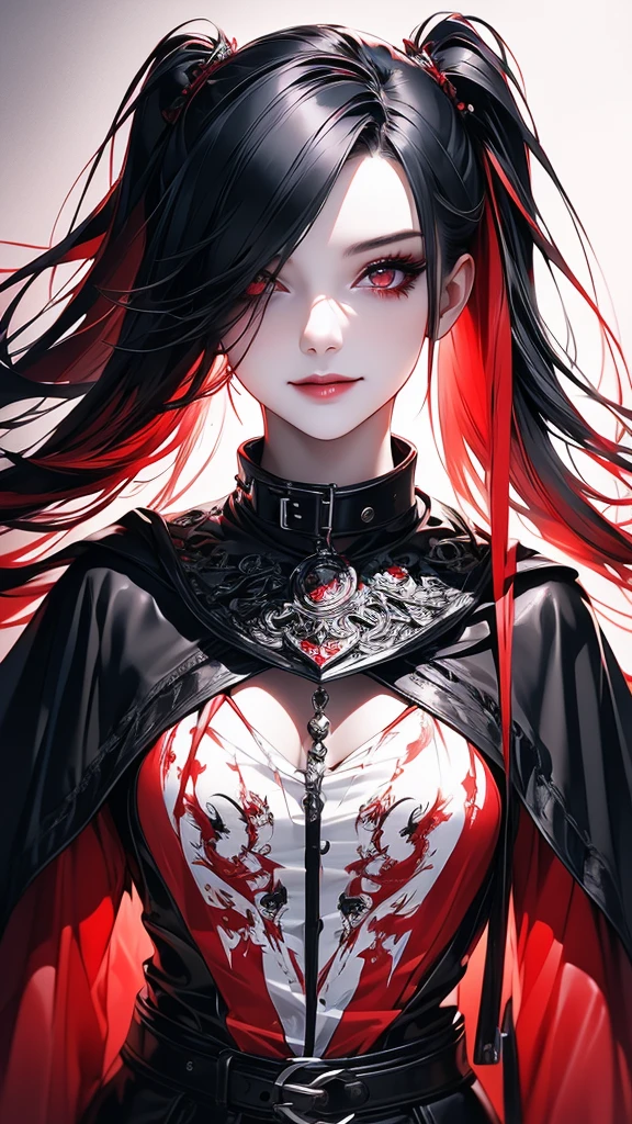 a beautiful young woman, 1 girl, detailed face, twin tails, colorful hair with black roots and red tips, wearing a red shirt with silver patterns, witch's hooded cloak, black leather pants, expressive detailed eyes, collar, jewelry, smile, hyperrealistic, video game rendering effect through ink overlay, white background, blood black shadow overlay effect, shading effect, red dualization effect, bloody ink, liquid ink rendering, hyperrealistic Sumi-e liquid ink painting, high detail, intricate details